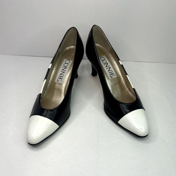 Connie Italian Leather White Cap Heel Pumps Black White Comfy Womens Designer - Picture 8 of 10